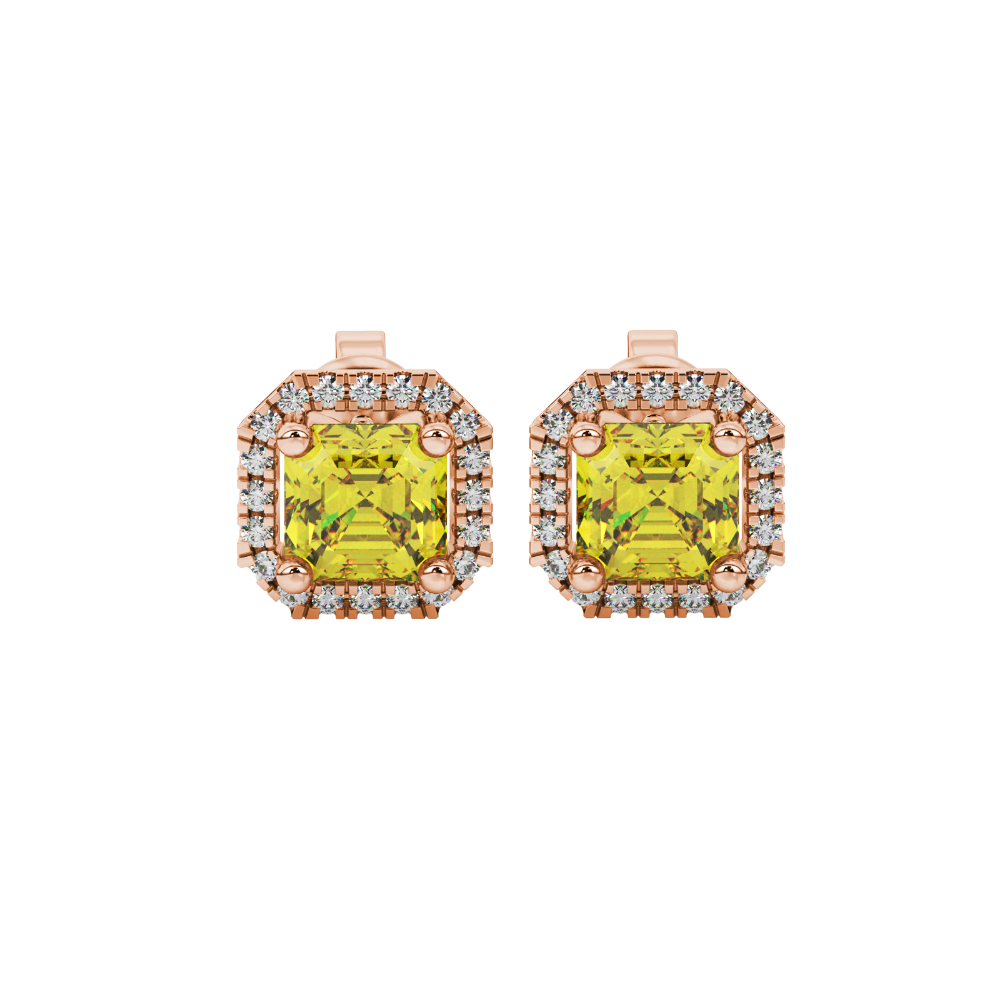 Asscher cut halo gemstone stud earrings in gold featuring 5.00 MM center gemstones surrounded by sparkling round diamond halos