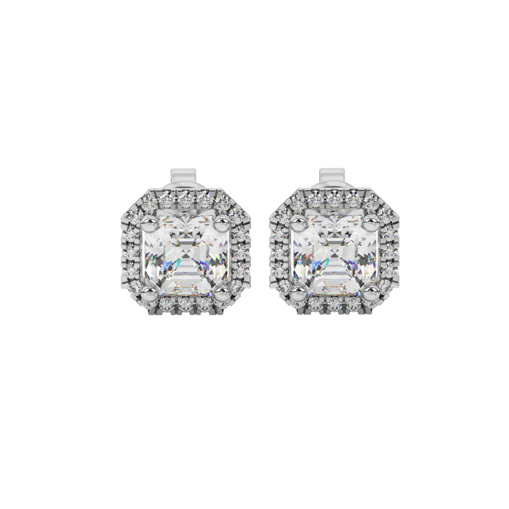 Asscher cut halo gemstone stud earrings in gold featuring 5.00 MM center gemstones surrounded by sparkling round diamond halos