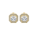 Asscher cut halo gemstone stud earrings in gold featuring 5.00 MM center gemstones surrounded by sparkling round diamond halos