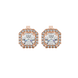 Asscher cut halo gemstone stud earrings in gold featuring 5.00 MM center gemstones surrounded by sparkling round diamond halos