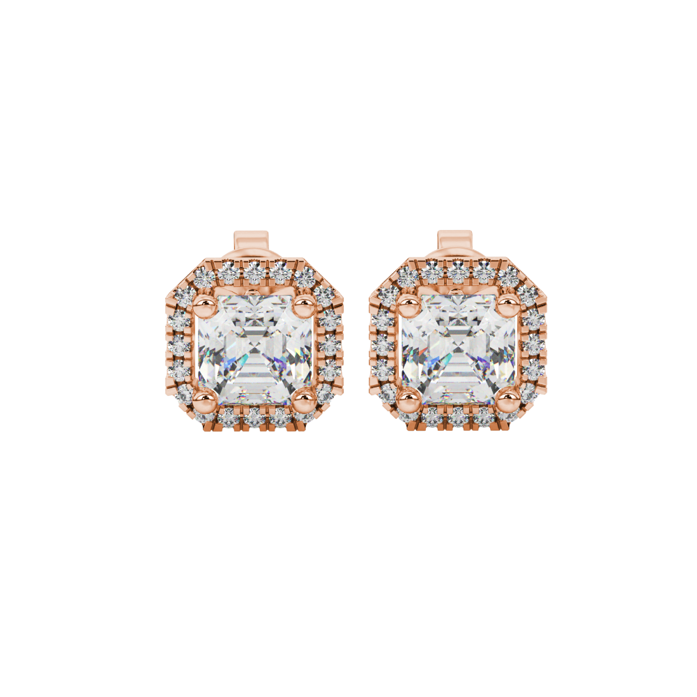 Asscher cut halo gemstone stud earrings in gold featuring 5.00 MM center gemstones surrounded by sparkling round diamond halos