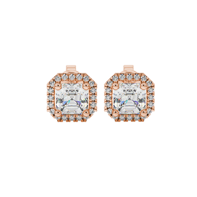 Asscher cut halo gemstone stud earrings in gold featuring 5.00 MM center gemstones surrounded by sparkling round diamond halos