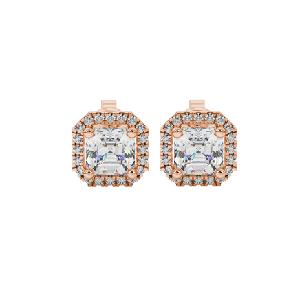 Asscher cut halo gemstone stud earrings in gold featuring 5.00 MM center gemstones surrounded by sparkling round diamond halos