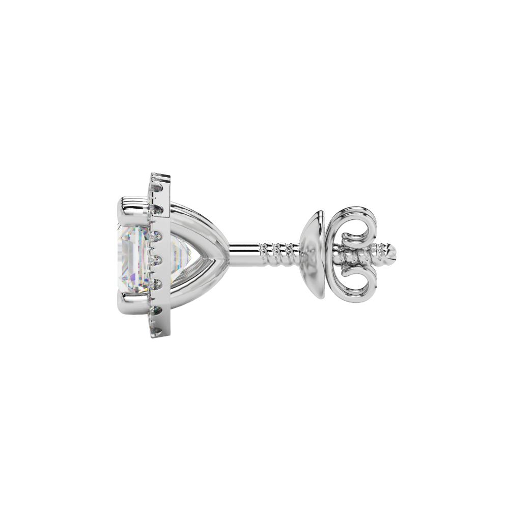 Asscher cut halo gemstone stud earrings in gold featuring 5.00 MM center gemstones surrounded by sparkling round diamond halos