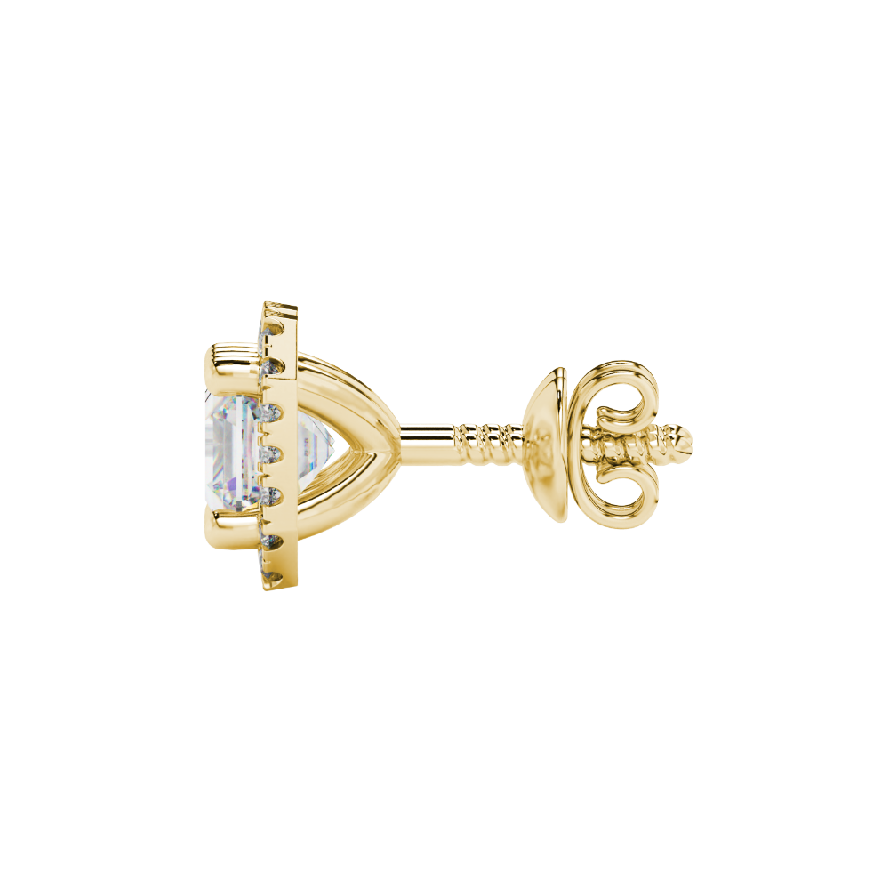 Asscher cut halo gemstone stud earrings in gold featuring 5.00 MM center gemstones surrounded by sparkling round diamond halos