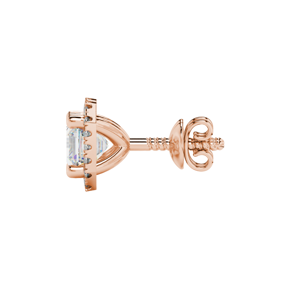 Asscher cut halo gemstone stud earrings in gold featuring 5.00 MM center gemstones surrounded by sparkling round diamond halos