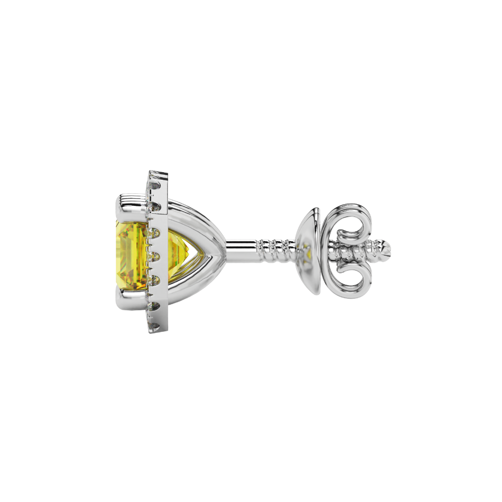 Asscher cut halo gemstone stud earrings in gold featuring 5.00 MM center gemstones surrounded by sparkling round diamond halos