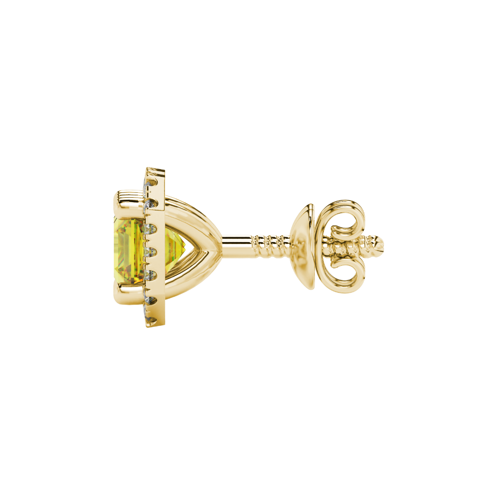 Asscher cut halo gemstone stud earrings in gold featuring 5.00 MM center gemstones surrounded by sparkling round diamond halos