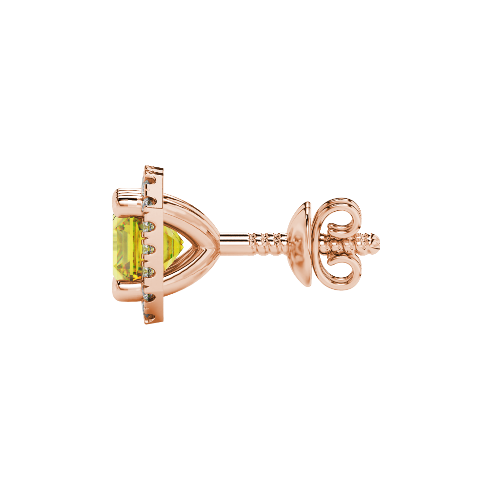 Asscher cut halo gemstone stud earrings in gold featuring 5.00 MM center gemstones surrounded by sparkling round diamond halos