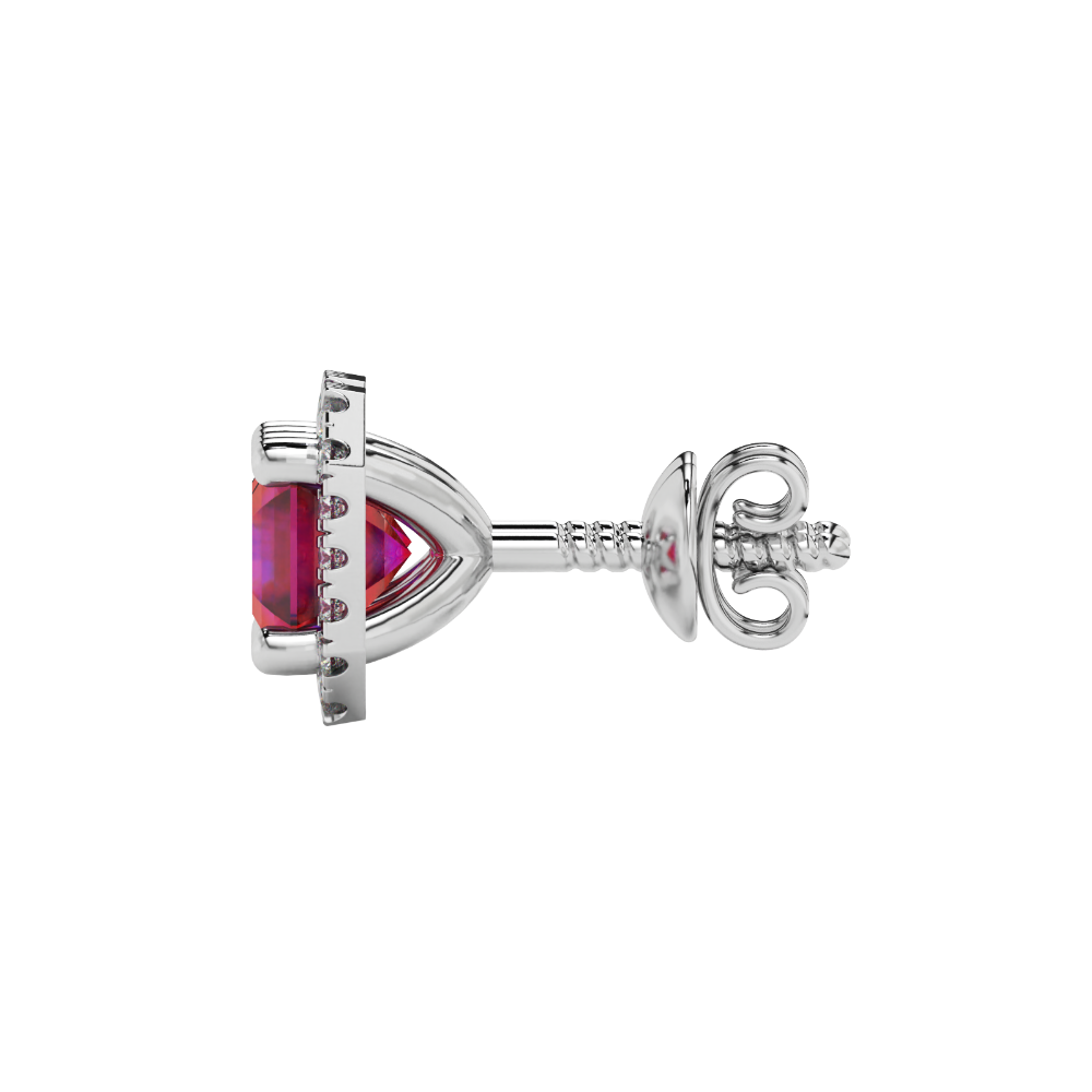 Asscher cut halo gemstone stud earrings in gold featuring 5.00 MM center gemstones surrounded by sparkling round diamond halos