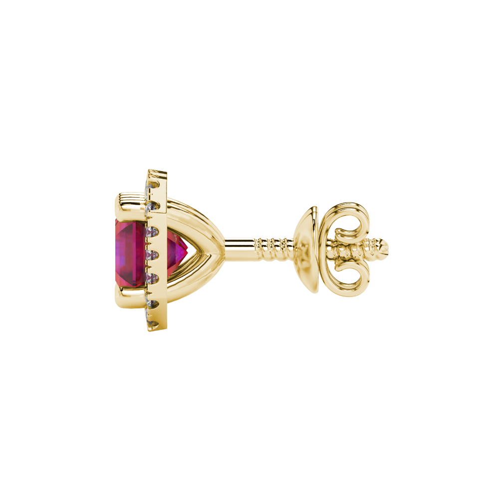 Asscher cut halo gemstone stud earrings in gold featuring 5.00 MM center gemstones surrounded by sparkling round diamond halos