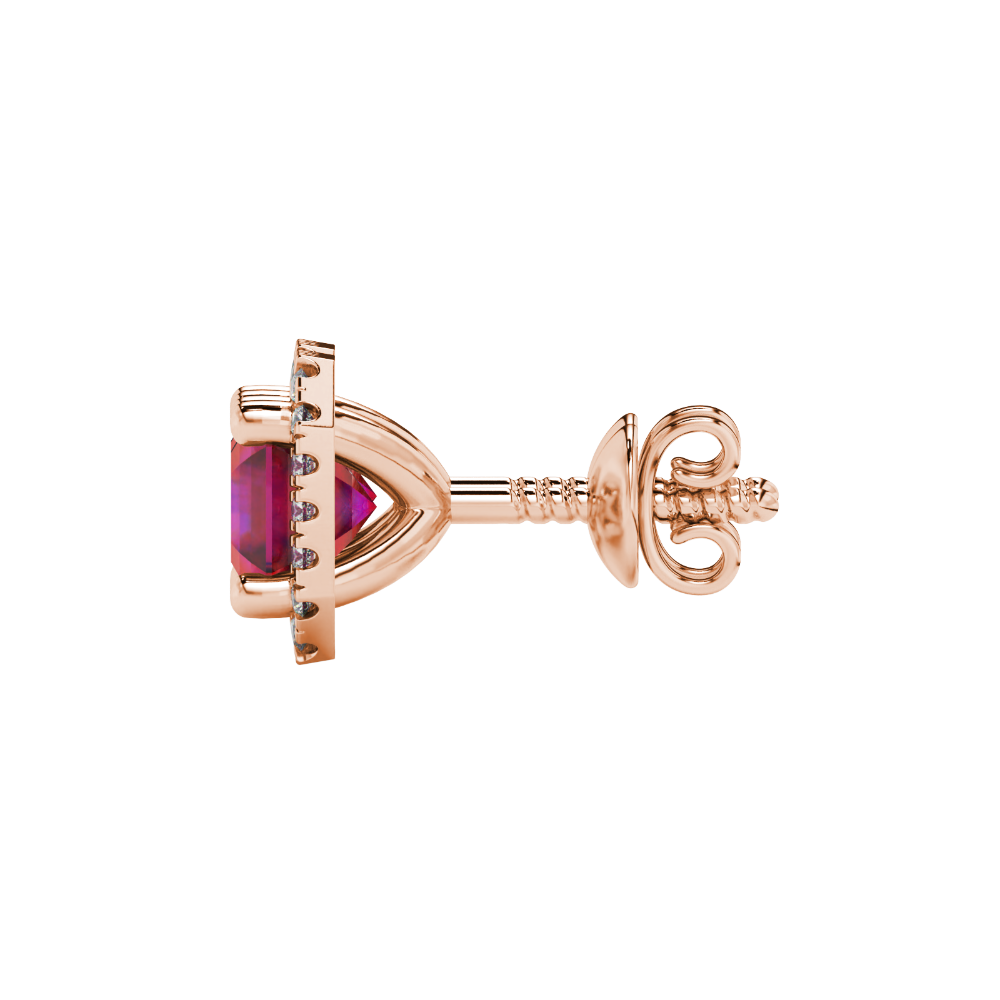 Asscher cut halo gemstone stud earrings in gold featuring 5.00 MM center gemstones surrounded by sparkling round diamond halos