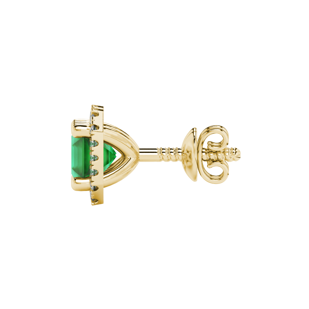 Asscher cut halo gemstone stud earrings in gold featuring 5.00 MM center gemstones surrounded by sparkling round diamond halos