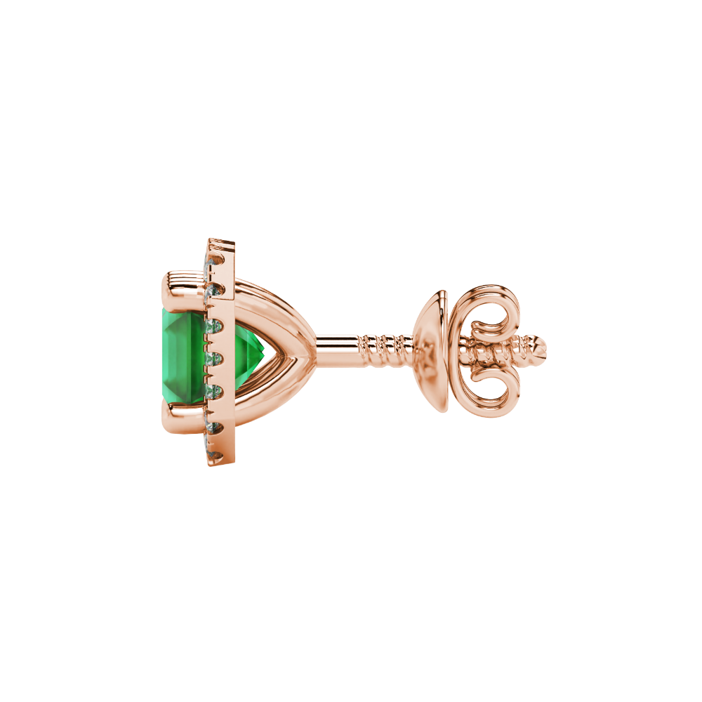 Asscher cut halo gemstone stud earrings in gold featuring 5.00 MM center gemstones surrounded by sparkling round diamond halos