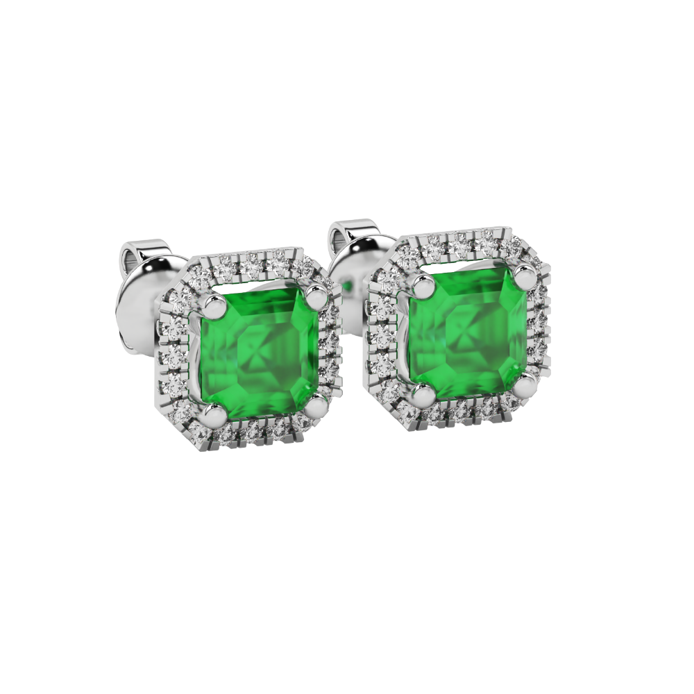 Asscher cut halo gemstone stud earrings in gold featuring 5.00 MM center gemstones surrounded by sparkling round diamond halos