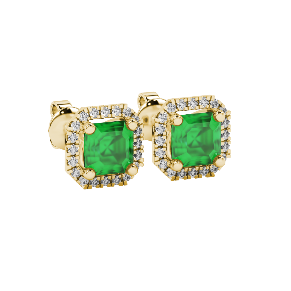 Asscher cut halo gemstone stud earrings in gold featuring 5.00 MM center gemstones surrounded by sparkling round diamond halos