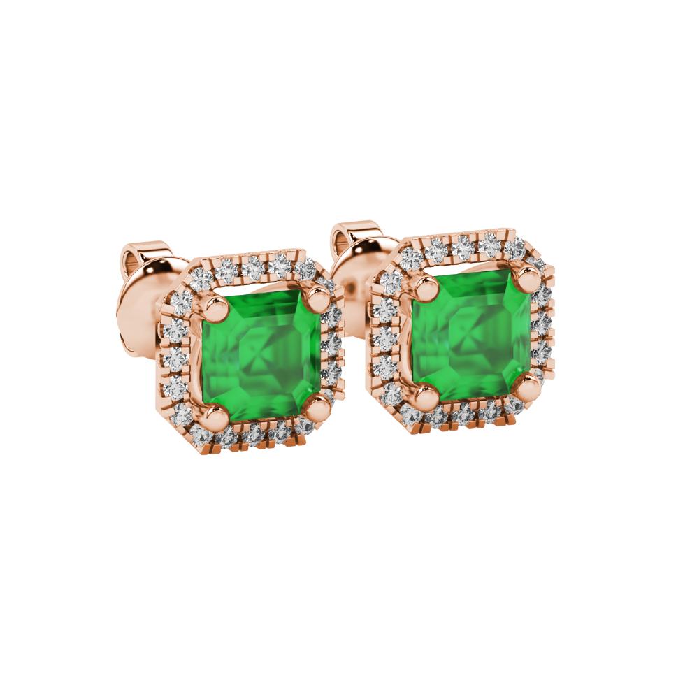 Asscher cut halo gemstone stud earrings in gold featuring 5.00 MM center gemstones surrounded by sparkling round diamond halos