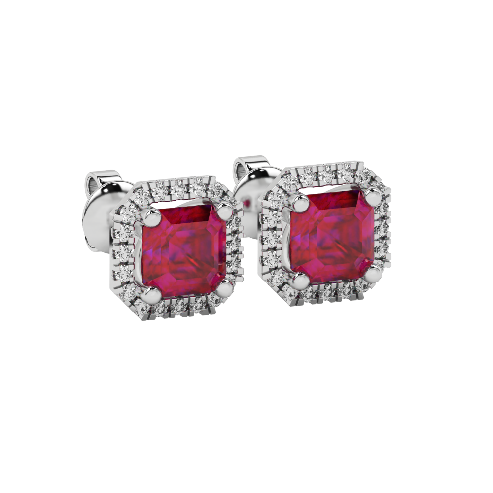 Asscher cut halo gemstone stud earrings in gold featuring 5.00 MM center gemstones surrounded by sparkling round diamond halos