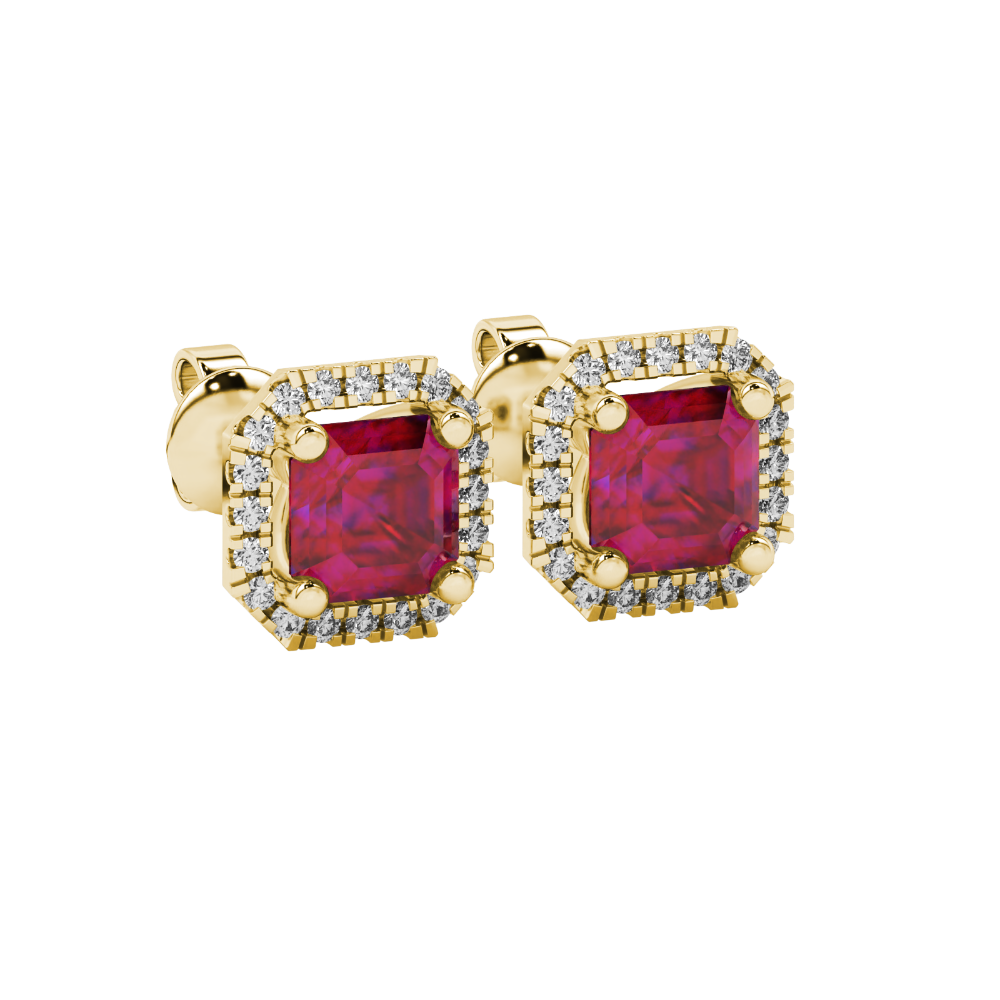 Asscher cut halo gemstone stud earrings in gold featuring 5.00 MM center gemstones surrounded by sparkling round diamond halos