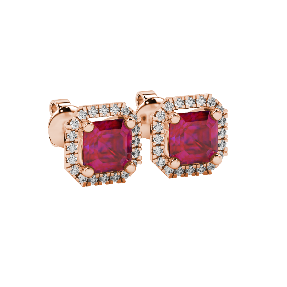 Asscher cut halo gemstone stud earrings in gold featuring 5.00 MM center gemstones surrounded by sparkling round diamond halos