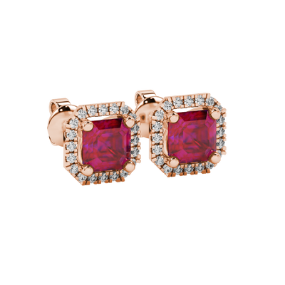 Raspberry Red gemstone halo stud earrings in rose gold