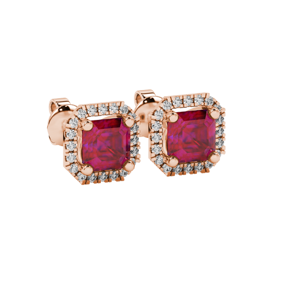 Raspberry Red gemstone halo stud earrings in rose gold