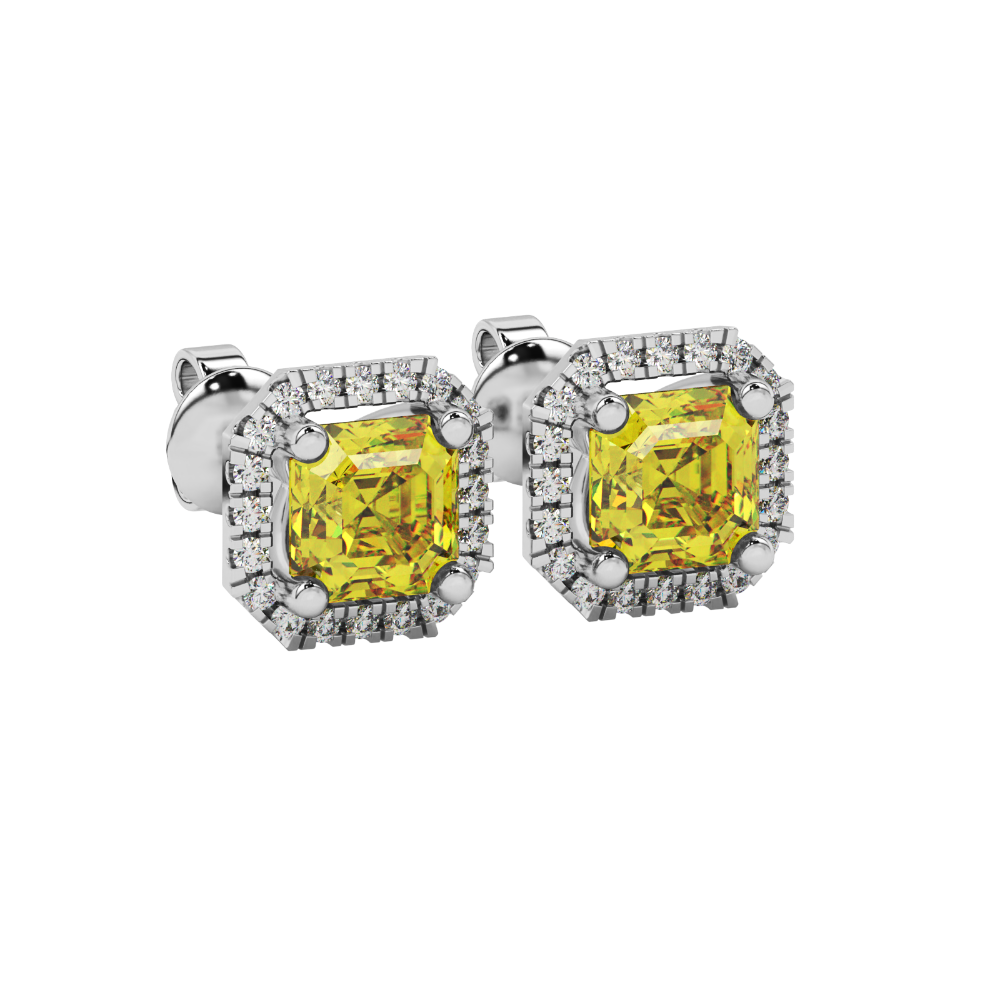 Asscher cut halo gemstone stud earrings in gold featuring 5.00 MM center gemstones surrounded by sparkling round diamond halos