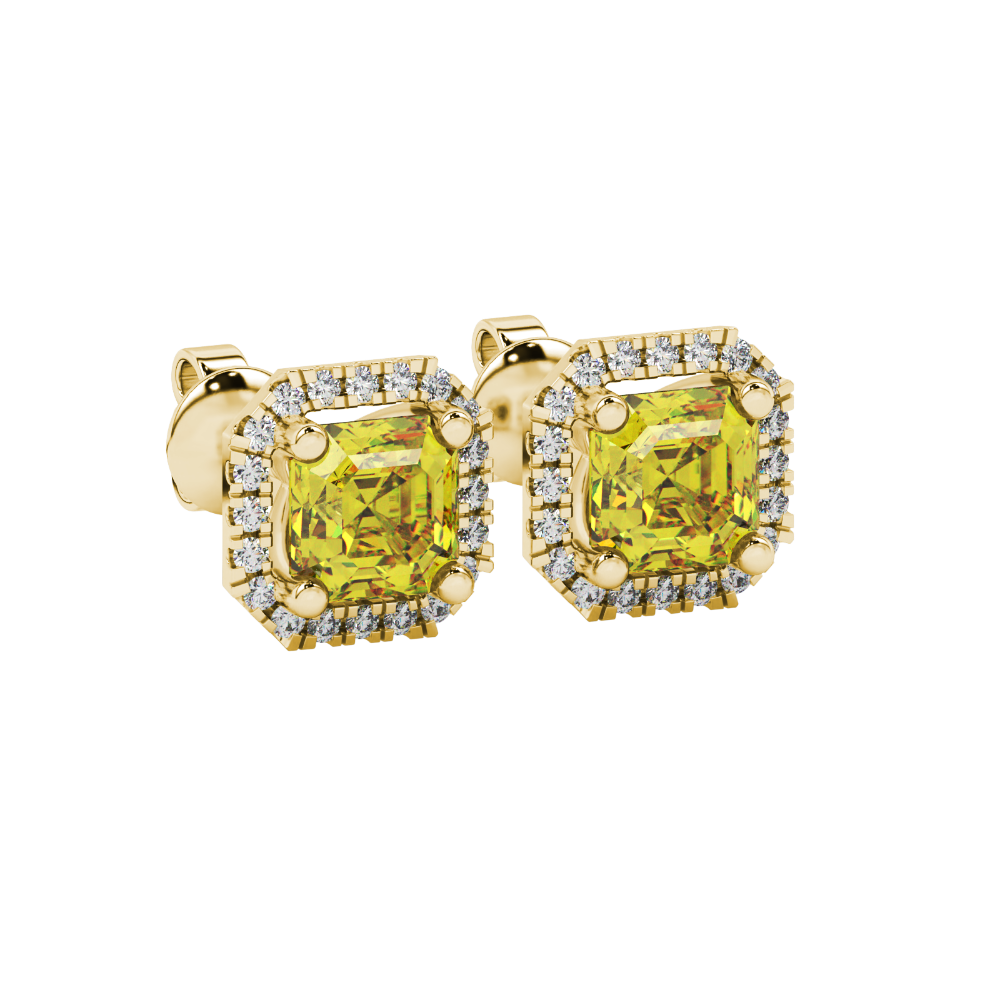 Asscher cut halo gemstone stud earrings in gold featuring 5.00 MM center gemstones surrounded by sparkling round diamond halos
