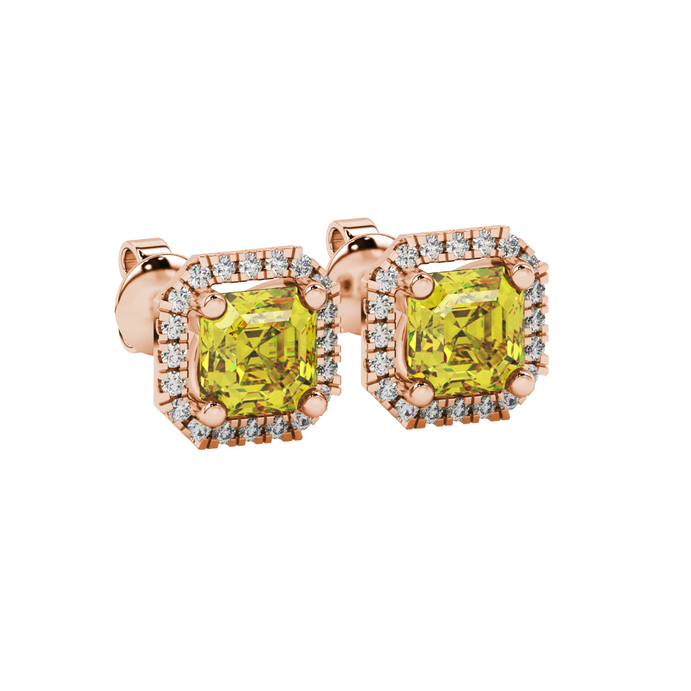 Asscher cut halo gemstone stud earrings in gold featuring 5.00 MM center gemstones surrounded by sparkling round diamond halos