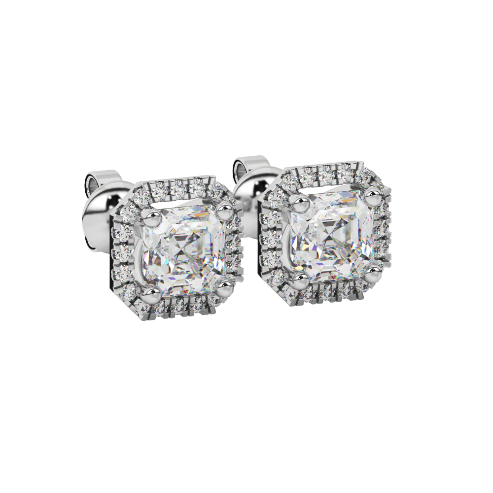 Asscher cut halo gemstone stud earrings in gold featuring 5.00 MM center gemstones surrounded by sparkling round diamond halos