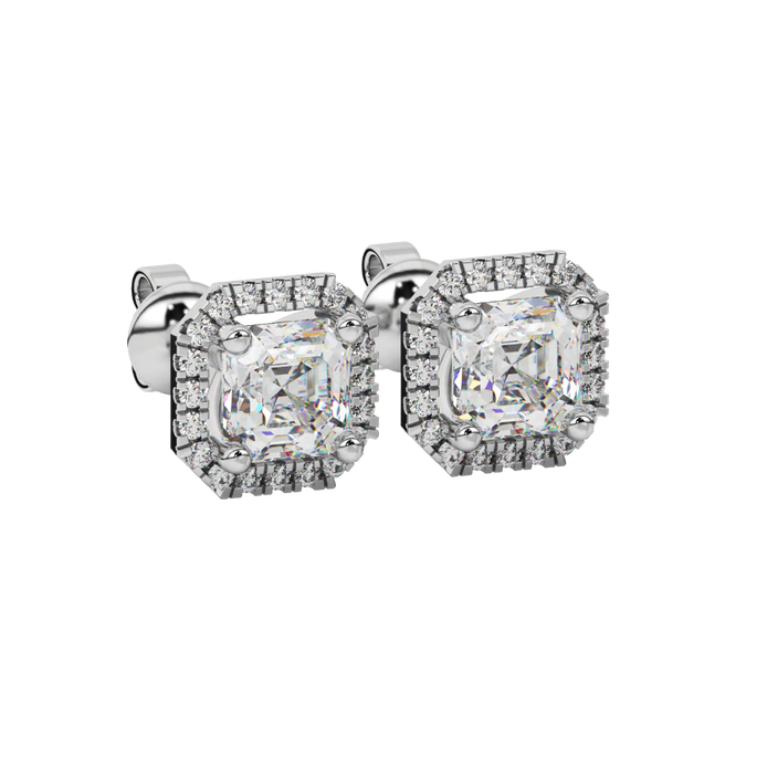 Asscher cut halo gemstone stud earrings in gold featuring 5.00 MM center gemstones surrounded by sparkling round diamond halos