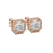 Asscher cut halo gemstone stud earrings in gold featuring 5.00 MM center gemstones surrounded by sparkling round diamond halos
