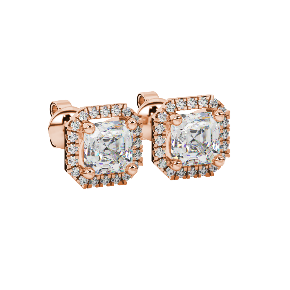 Asscher cut halo gemstone stud earrings in gold featuring 5.00 MM center gemstones surrounded by sparkling round diamond halos
