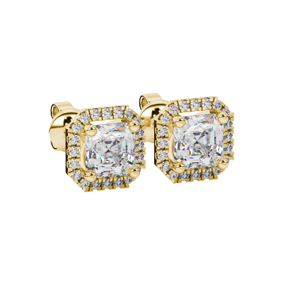 Asscher cut halo gemstone stud earrings in gold featuring 5.00 MM center gemstones surrounded by sparkling round diamond halos