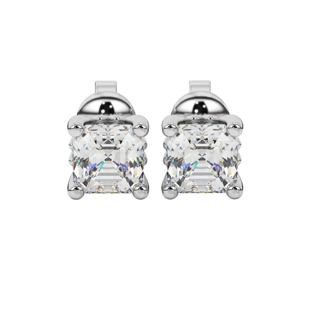 Asscher cut solitaire stud earrings in gold featuring 5.00 MM square gemstones in a classic four-prong setting