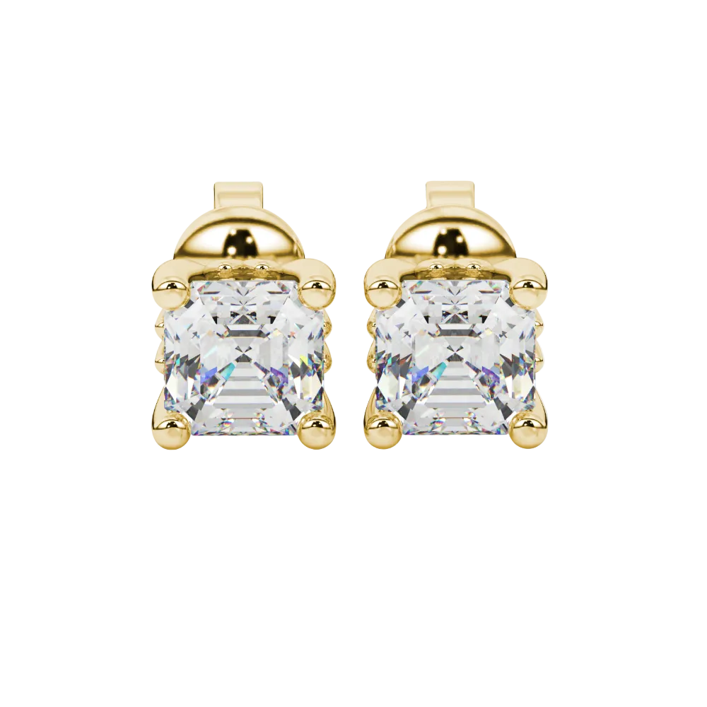 Asscher cut solitaire stud earrings in gold featuring 5.00 MM square gemstones in a classic four-prong setting