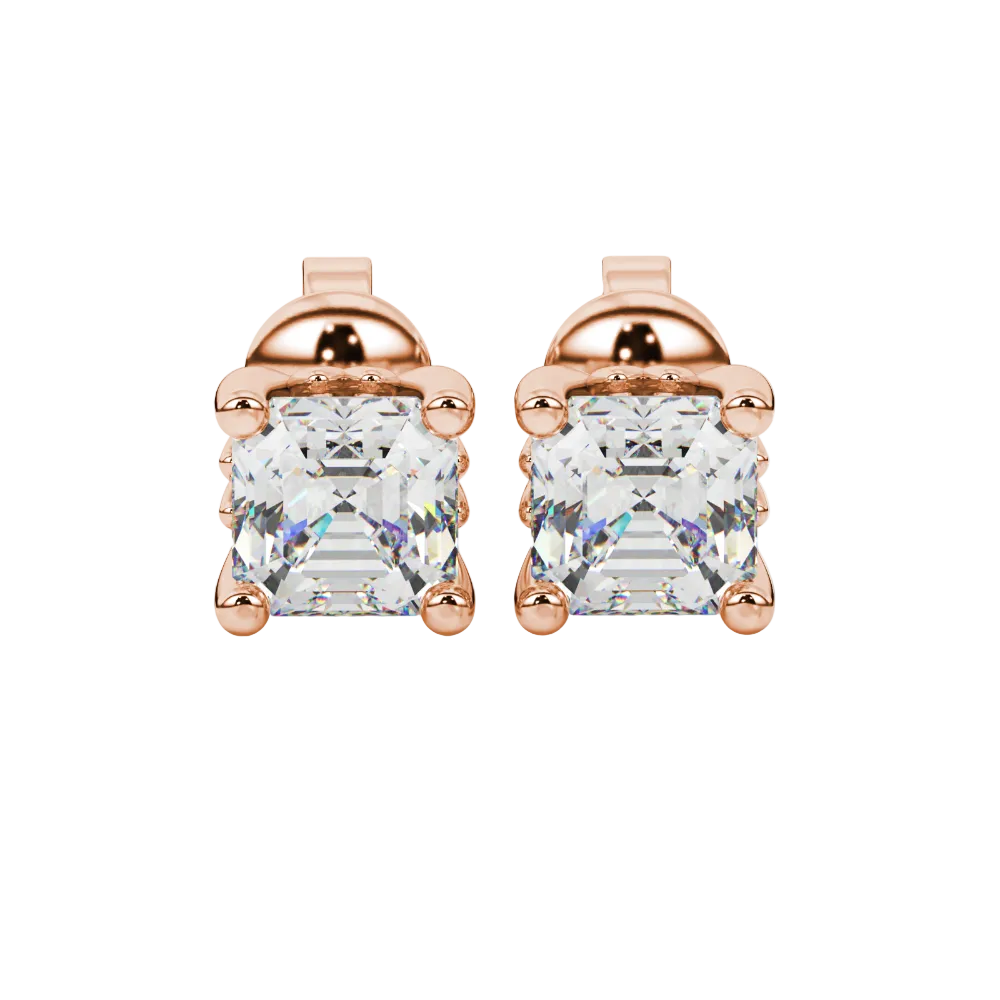 Asscher cut solitaire stud earrings in gold featuring 5.00 MM square gemstones in a classic four-prong setting
