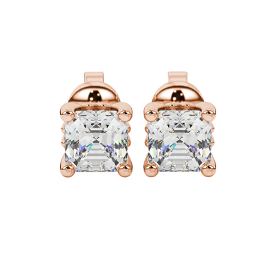 Asscher cut solitaire stud earrings in gold featuring 5.00 MM square gemstones in a classic four-prong setting