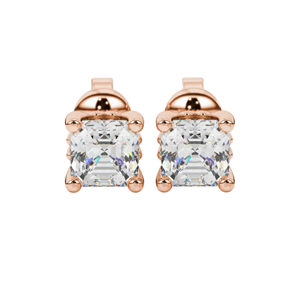 Asscher cut solitaire stud earrings in gold featuring 5.00 MM square gemstones in a classic four-prong setting