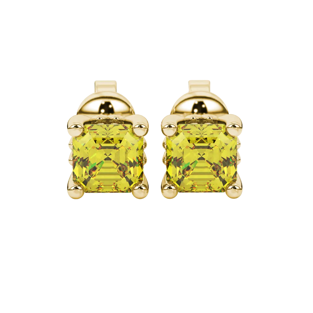 Asscher cut solitaire stud earrings in gold featuring 5.00 MM square gemstones in a classic four-prong setting