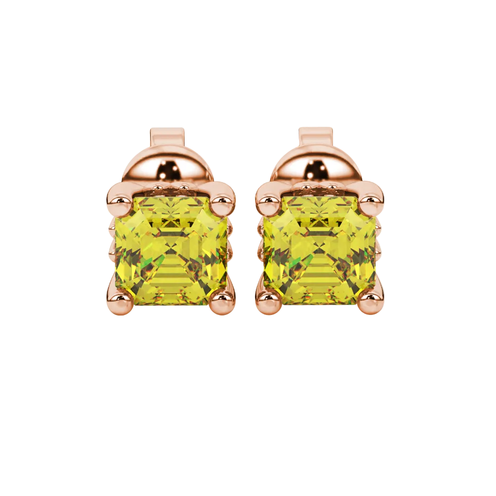 Asscher cut solitaire stud earrings in gold featuring 5.00 MM square gemstones in a classic four-prong setting