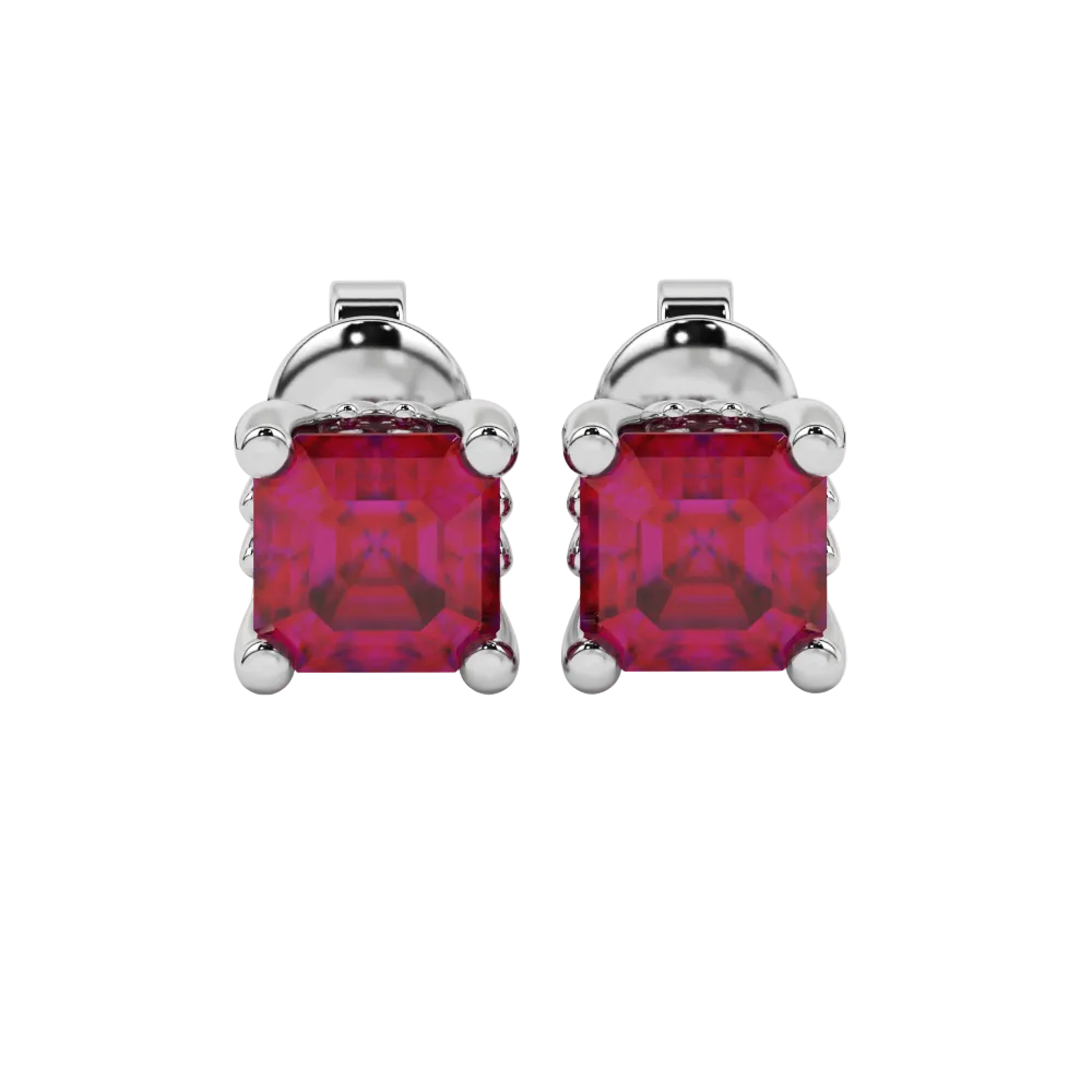 Asscher cut solitaire stud earrings in gold featuring 5.00 MM square gemstones in a classic four-prong setting