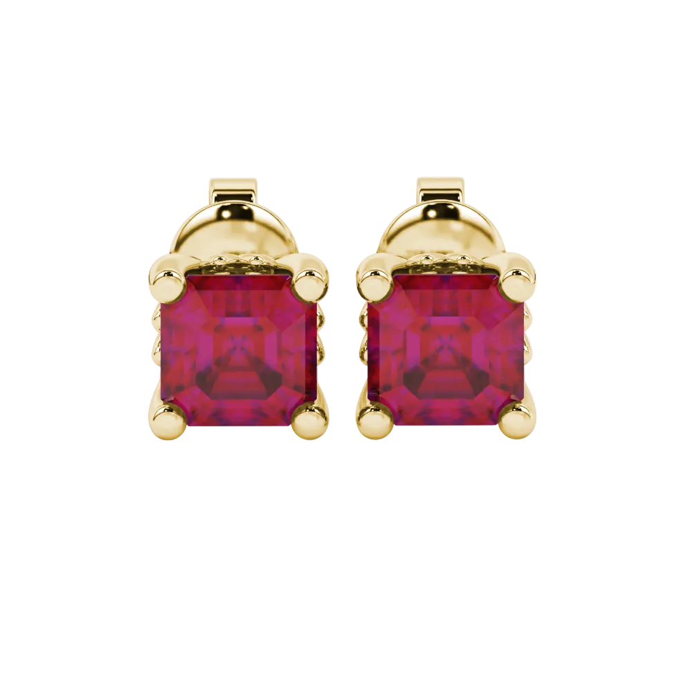 Asscher cut solitaire stud earrings in gold featuring 5.00 MM square gemstones in a classic four-prong setting