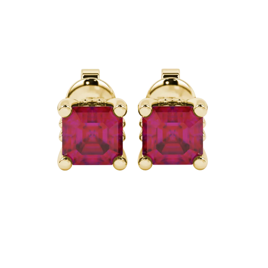 Raspberry Red gemstone four-prong stud earrings in yellow gold