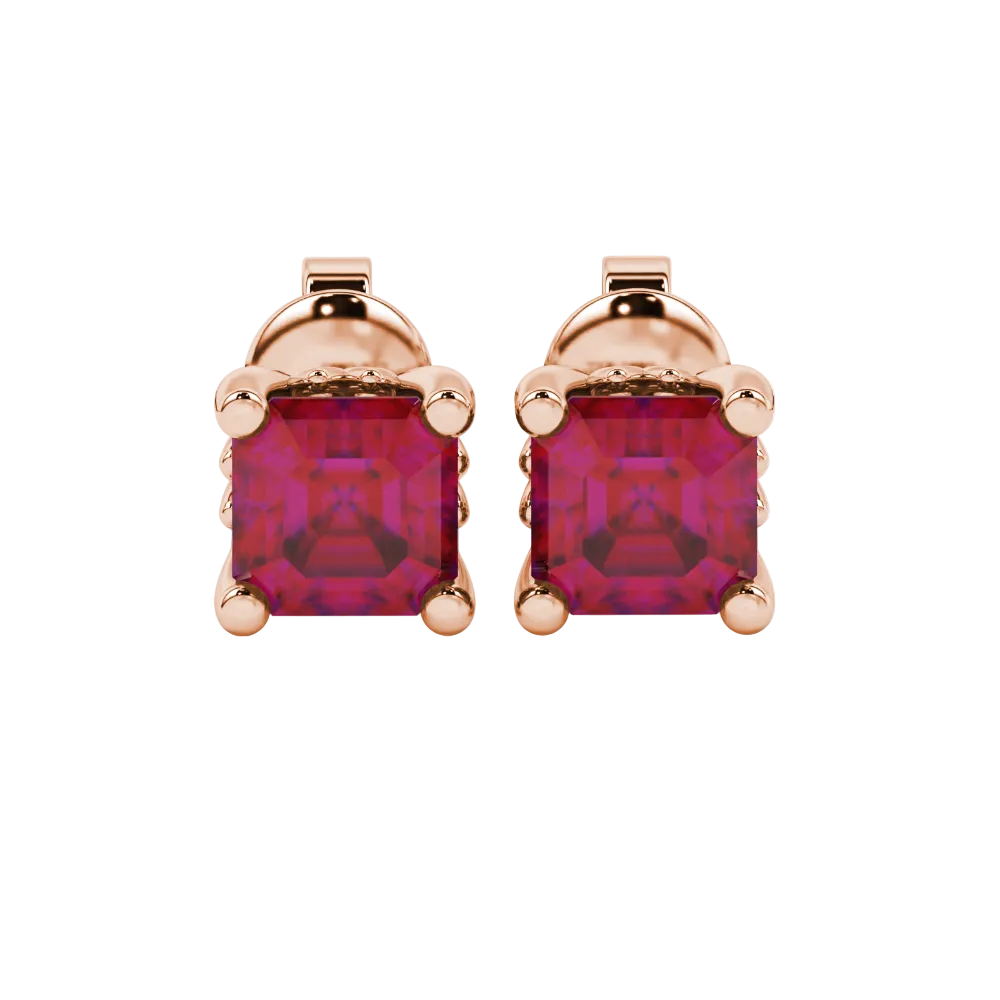 Asscher cut solitaire stud earrings in gold featuring 5.00 MM square gemstones in a classic four-prong setting