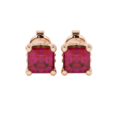 Asscher cut solitaire stud earrings in gold featuring 5.00 MM square gemstones in a classic four-prong setting