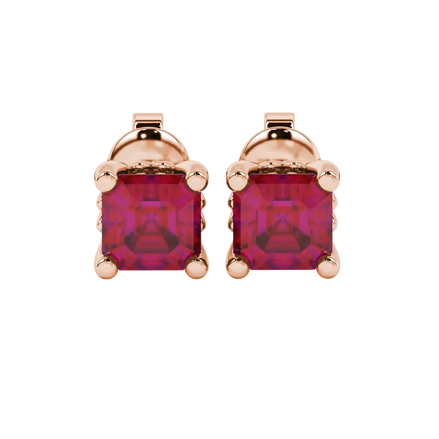 Asscher cut solitaire stud earrings in gold featuring 5.00 MM square gemstones in a classic four-prong setting