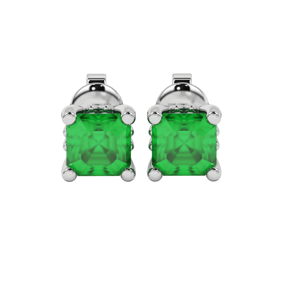 Asscher cut solitaire stud earrings in gold featuring 5.00 MM square gemstones in a classic four-prong setting
