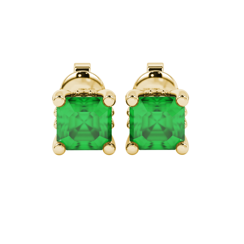 Asscher cut solitaire stud earrings in gold featuring 5.00 MM square gemstones in a classic four-prong setting