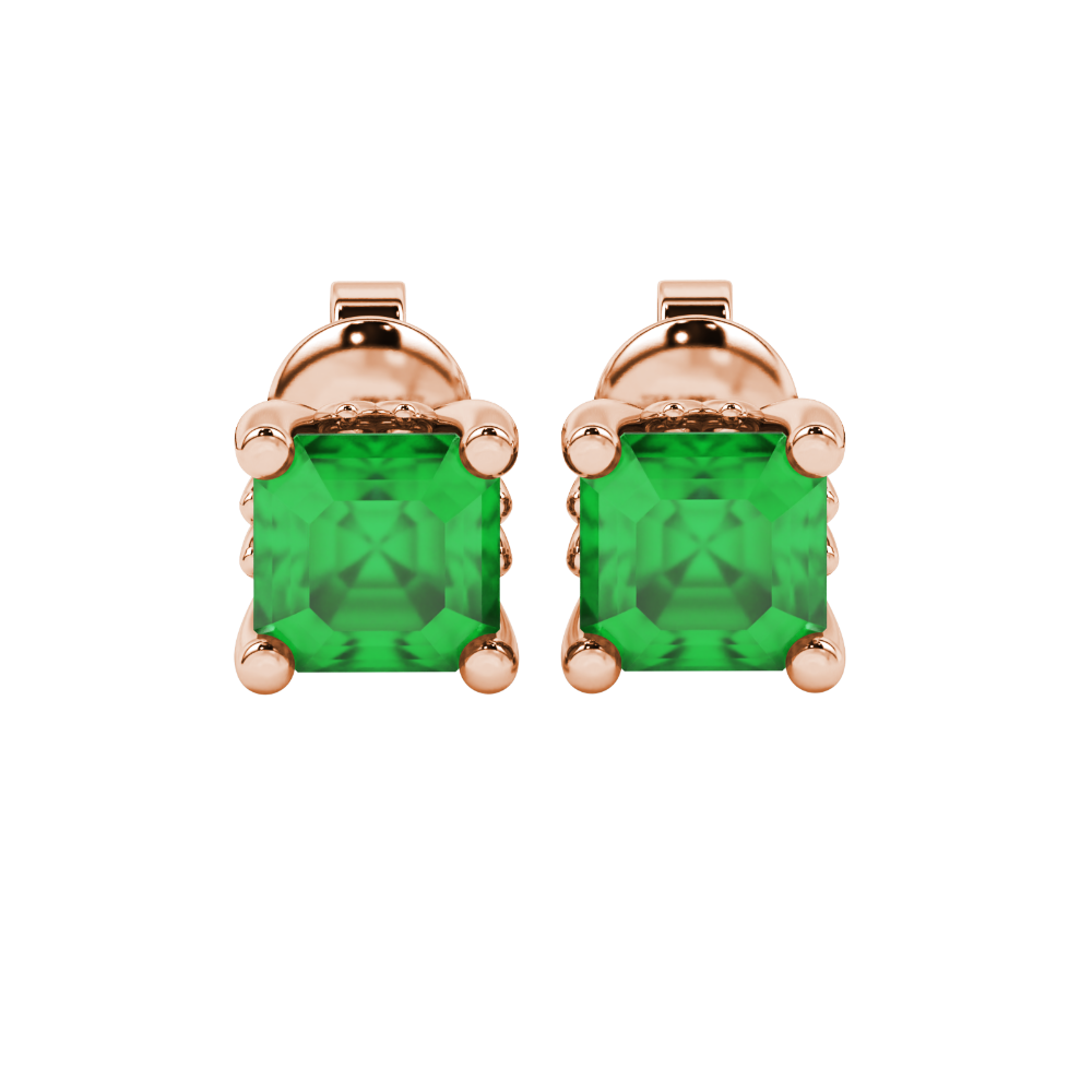 Asscher cut solitaire stud earrings in gold featuring 5.00 MM square gemstones in a classic four-prong setting